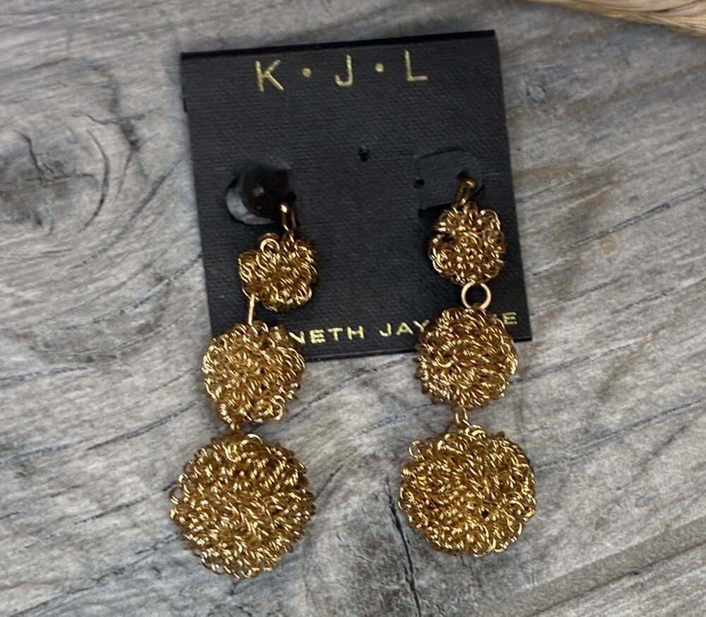 Vintage 90s Kenneth Jay Lane KJL Gold Woven Wire Drop Earrings French Wire